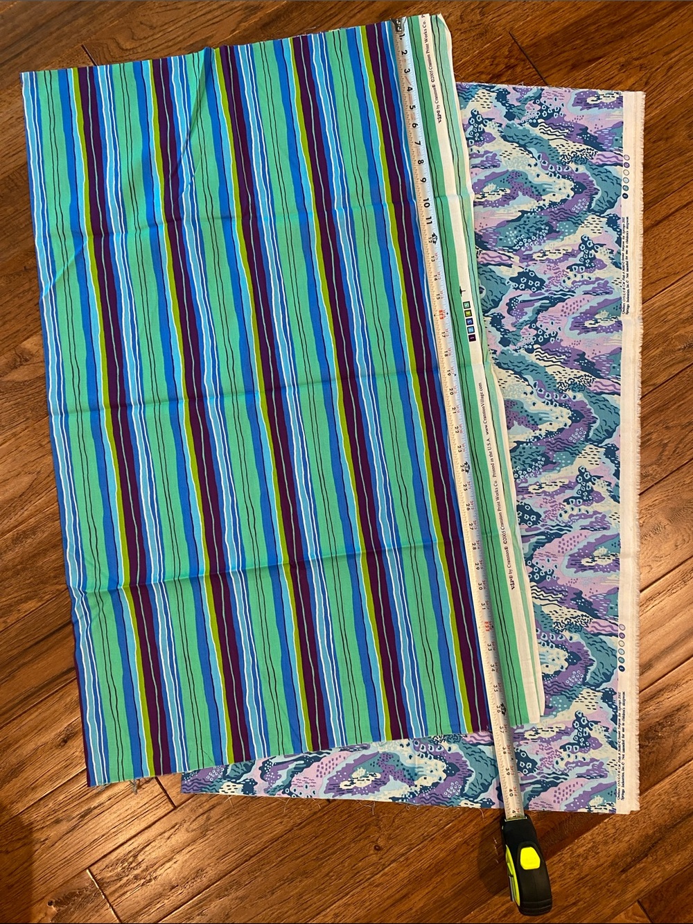Vibrant Blue & Green Striped Fabric Panel and Blue, Purple & white fabric bundle